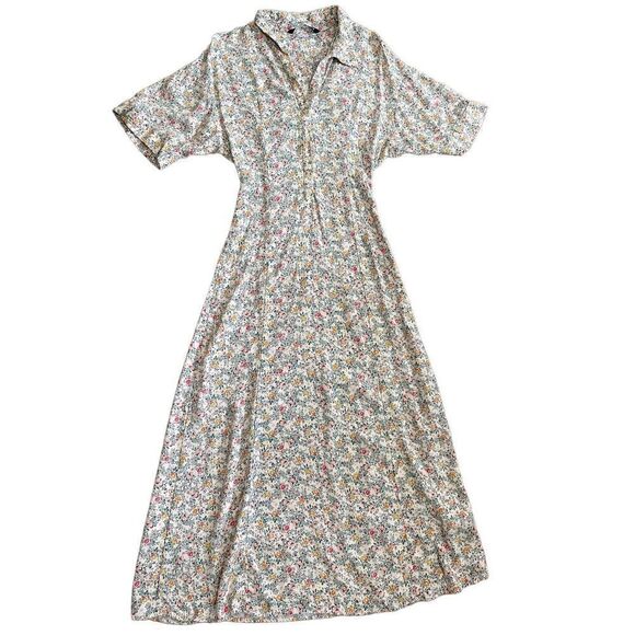 Zara Ditsy Floral Cottagecore Maxi collar Shirt Dress sz XS neutral minimalist b - Picture 2 of 13